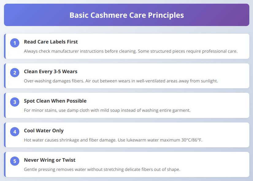 Infographic showing 5 key cashmere care principles including reading labels, cleaning frequency, and proper handling techniques