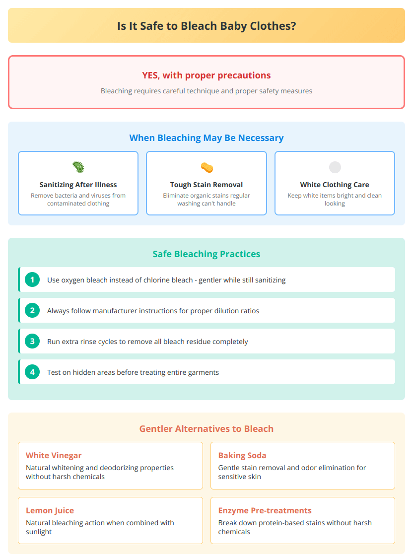 Bleach safety infographic showing when bleaching is necessary and safe practices for baby clothes