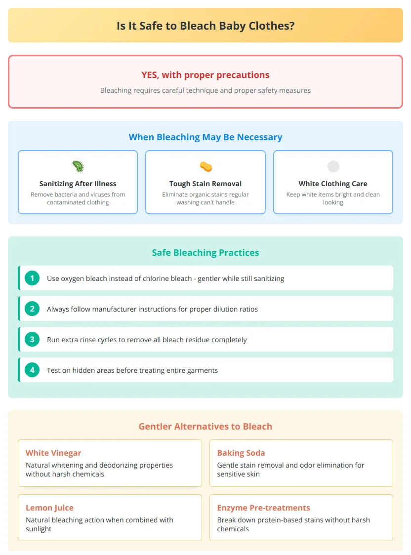 Bleach safety infographic showing when bleaching is necessary and safe practices for baby clothes