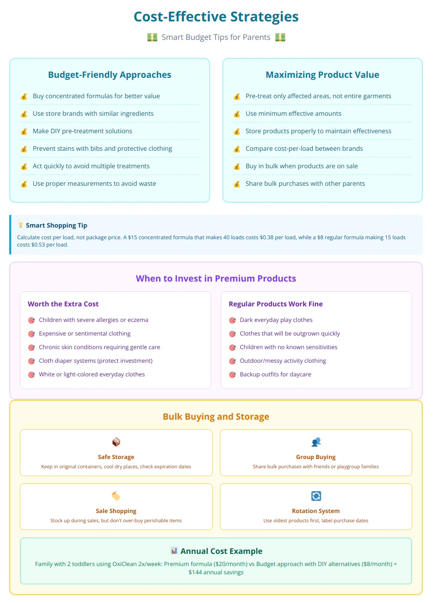Cost-saving strategies for OxiClean including bulk buying, proper storage, and when to invest in premium products