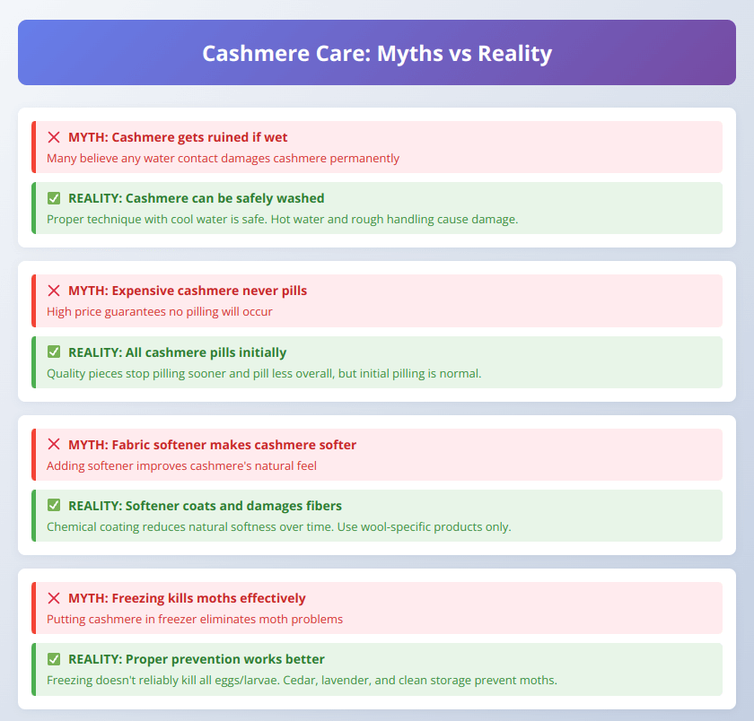 Myth-busting infographic comparing common cashmere misconceptions with factual care information