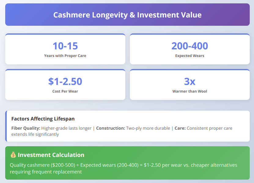 Investment value infographic showing cashmere lifespan, expected wears, cost per wear, and factors affecting garment longevity