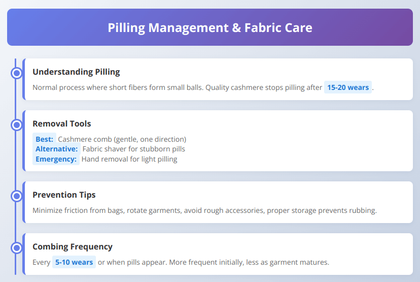 Timeline infographic showing pilling causes, removal tools, prevention tips, and maintenance frequency for cashmere