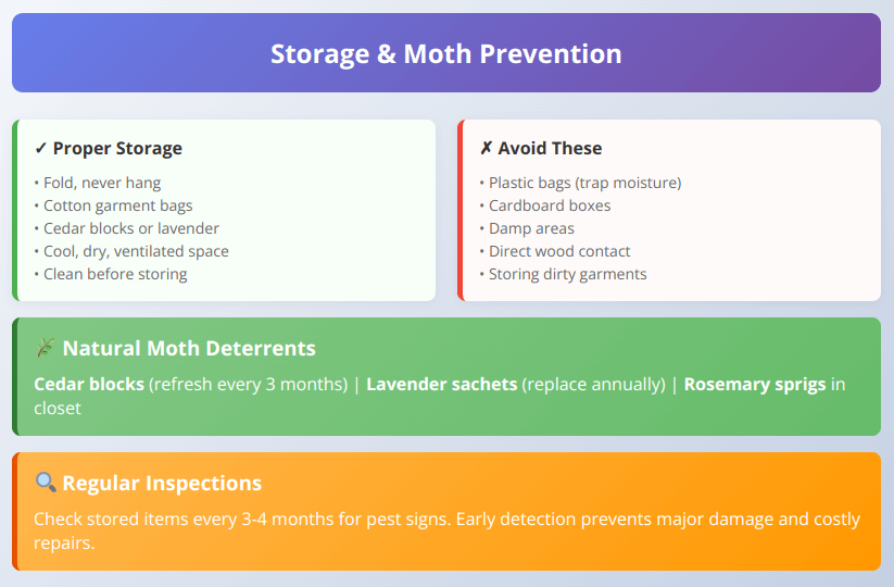 Storage comparison chart showing proper cashmere storage methods versus harmful practices, plus natural moth deterrent options
