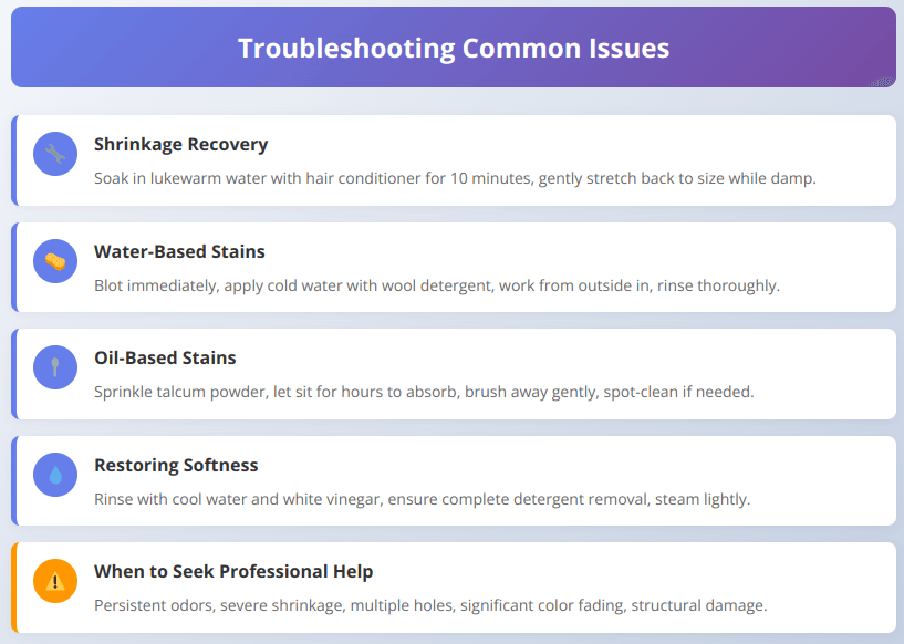 Troubleshooting infographic showing solutions for cashmere shrinkage, stains, softness loss, and when to seek professional help