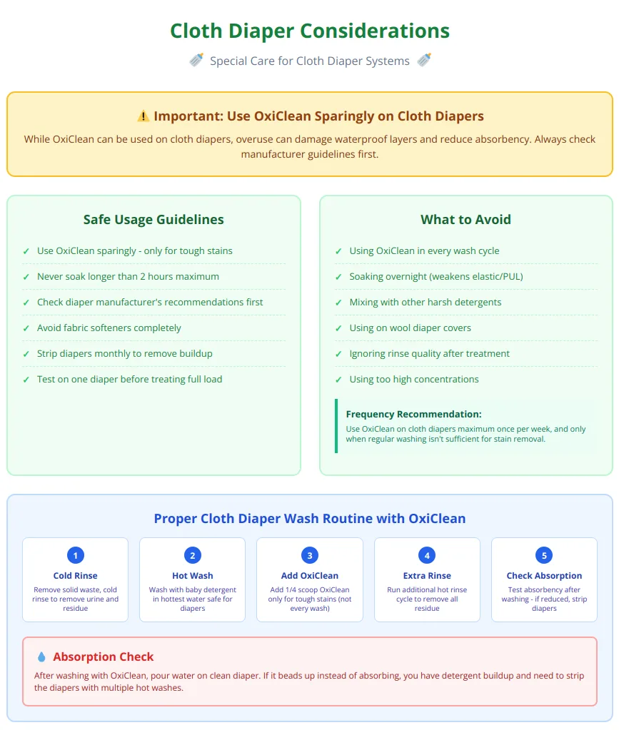Cloth diaper care guide showing safe OxiClean usage, wash routine steps, and absorption protection tips