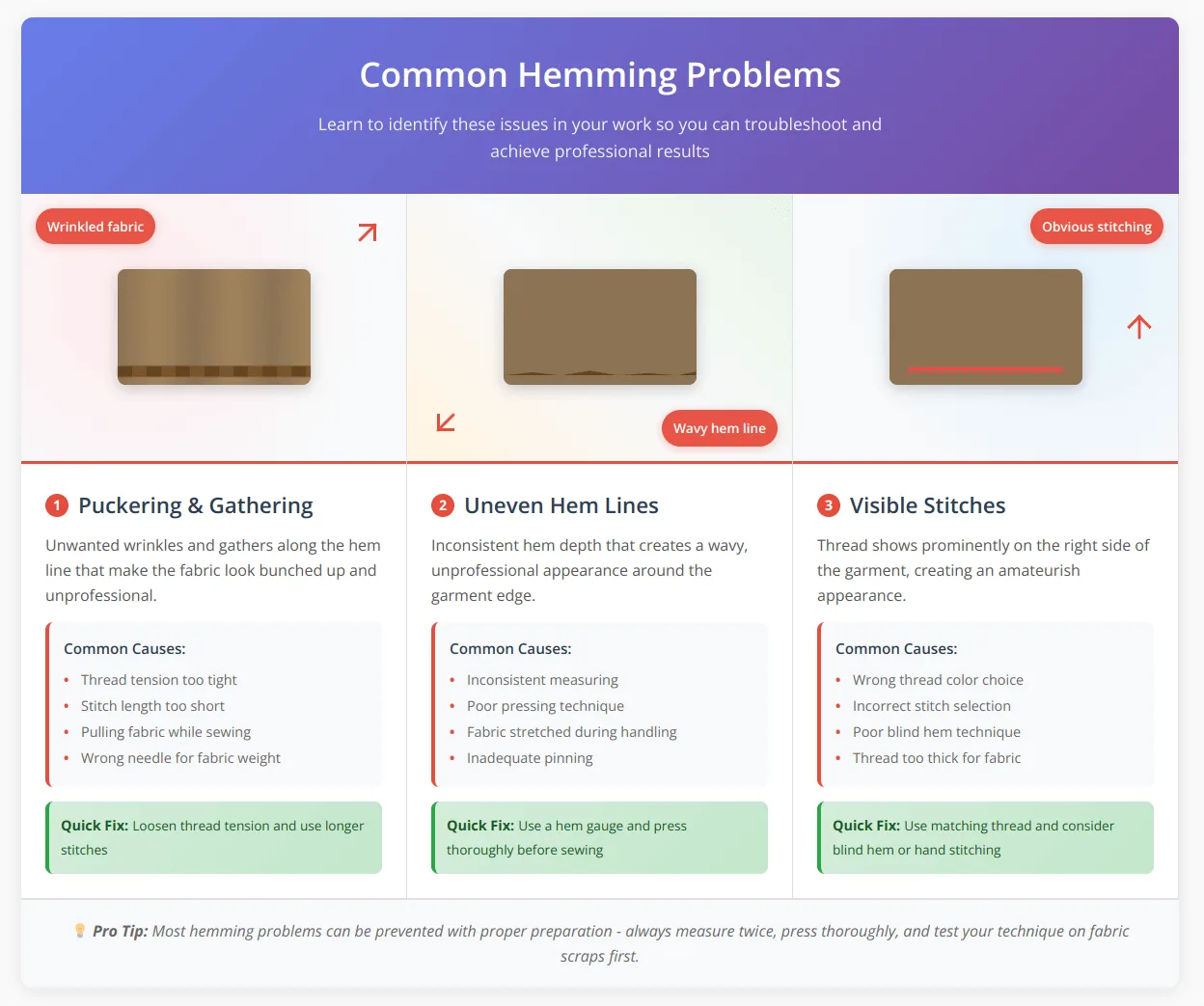 Visual guide showing three common hemming problems with fabric simulations: puckering with wrinkled fabric texture, uneven hems with wavy hem lines, and visible stitches with prominent red thread on fabric surface, each labeled with arrows and callouts