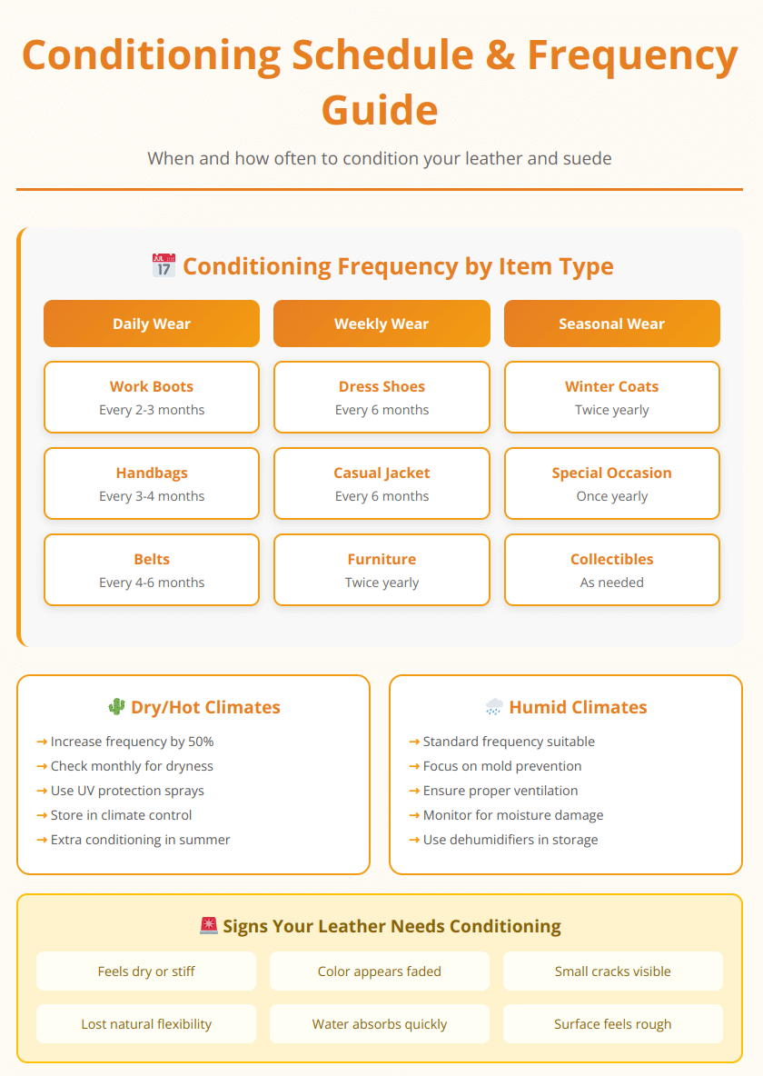 Conditioning schedule infographic showing frequency guides for different leather items, climate considerations, and warning signs