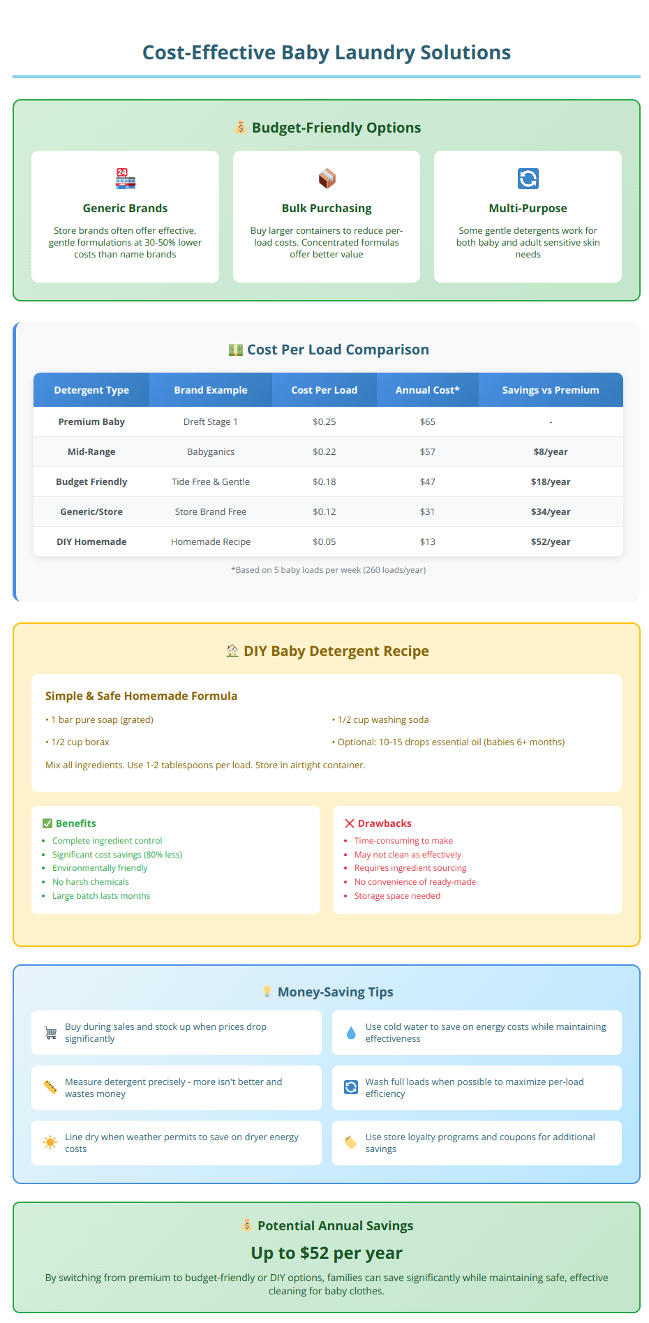 Cost comparison table of baby detergents, DIY recipe, budget-friendly options, and money-saving tips with potential annual savings