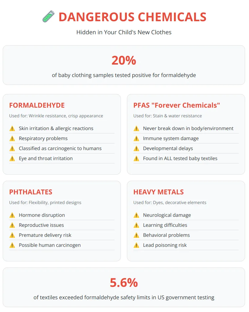 Infographic showing dangerous chemicals in new clothes including formaldehyde, PFAS, phthalates, and heavy metals with their health effects