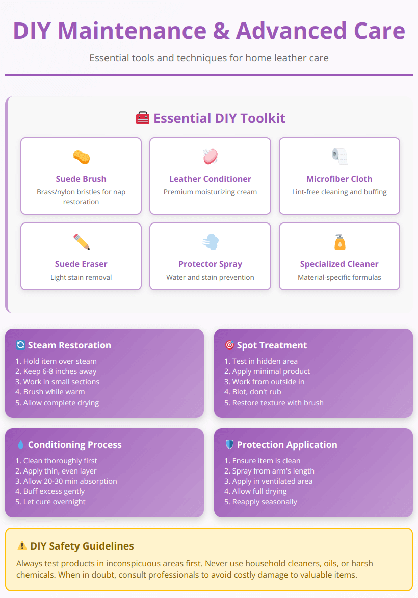 DIY maintenance infographic featuring essential toolkit items and advanced techniques like steam restoration and spot treatment