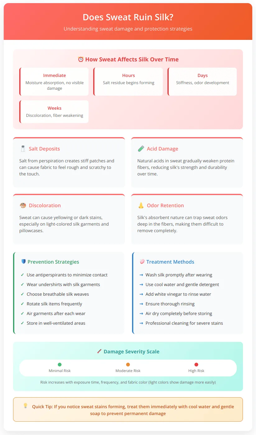 Comprehensive guide showing sweat damage timeline on silk from immediate effects to long-term damage, including salt deposits, acid damage, discoloration, and odor retention, with prevention strategies and treatment methods