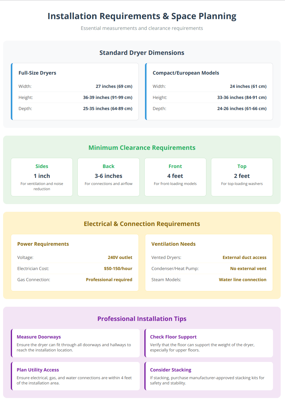 Installation requirements infographic showing dryer dimensions, clearance needs, and electrical specifications