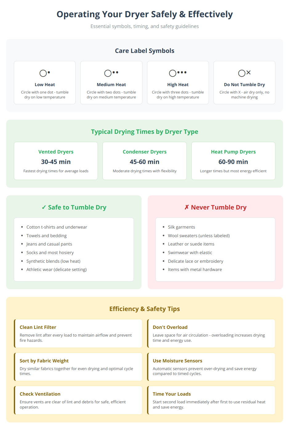 Infographic showing dryer care symbols, safety guidelines, and typical drying times by dryer type