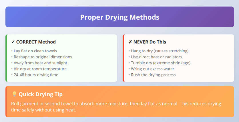Infographic comparing proper flat drying techniques with harmful methods like hanging and heat drying