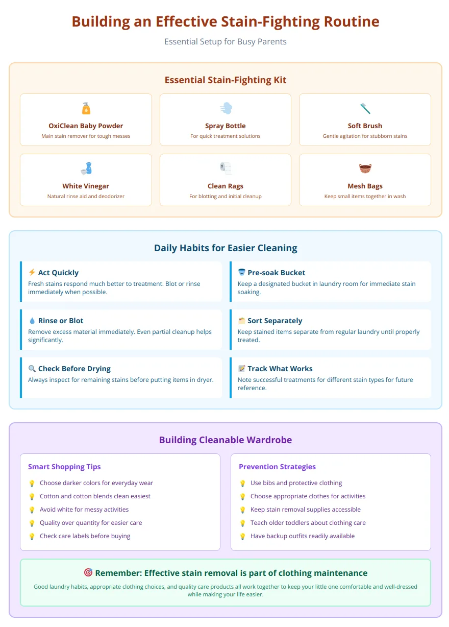 Stain-fighting kit essentials and daily habits including supplies, prevention strategies, and cleanable wardrobe tips