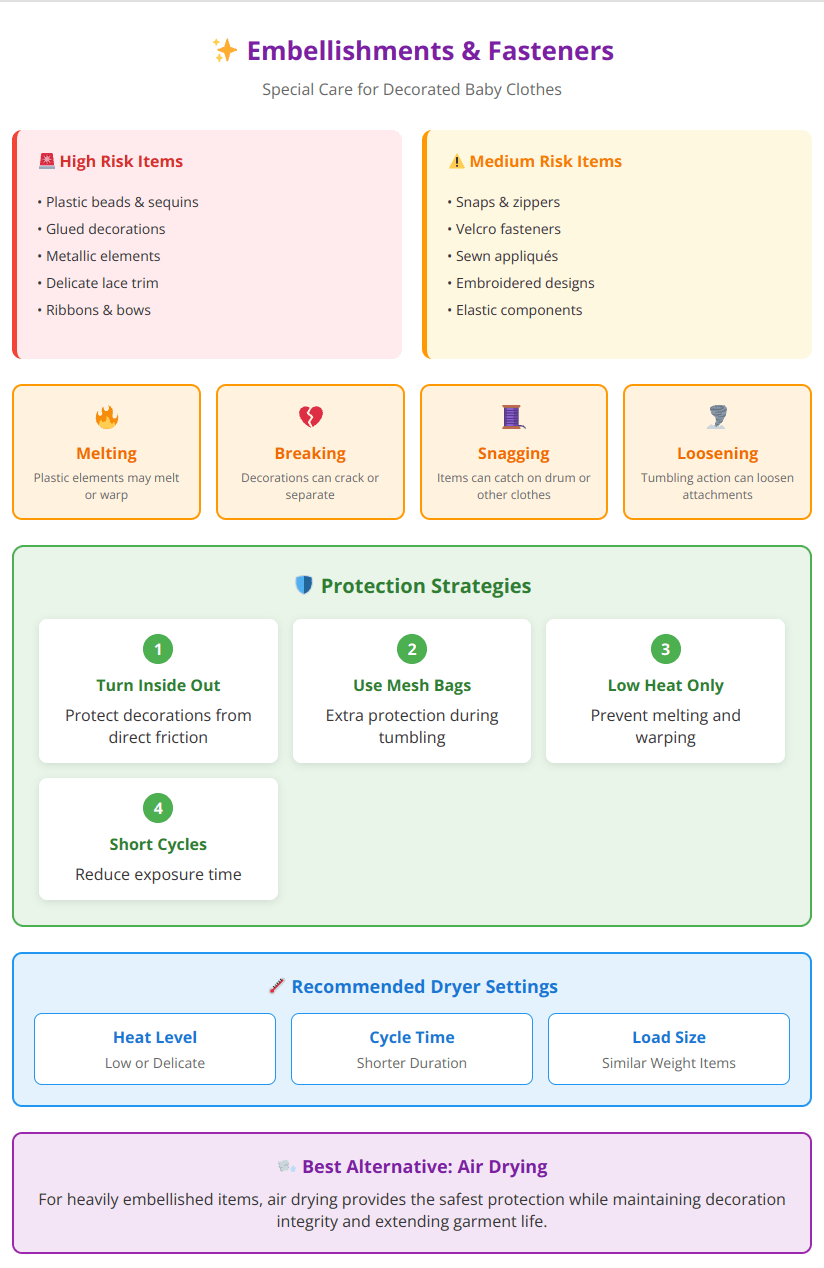 Guide showing how to protect embellished baby clothes during tumble drying with recommended settings and techniques