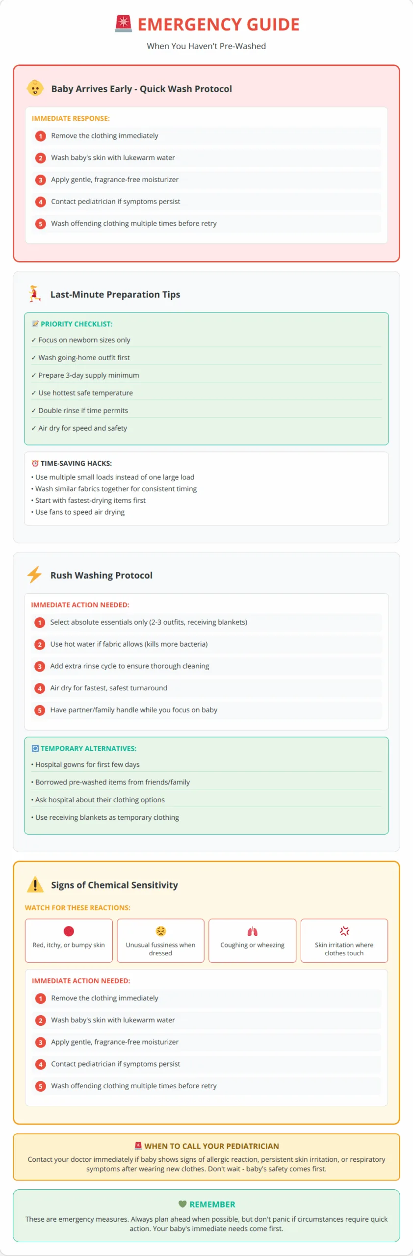 Emergency situations infographic showing quick wash protocols and chemical sensitivity warning signs for baby clothes