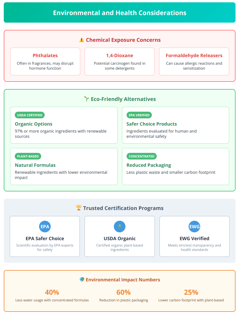 Environmental health infographic showing harmful chemicals to avoid and safer alternatives with certification programs