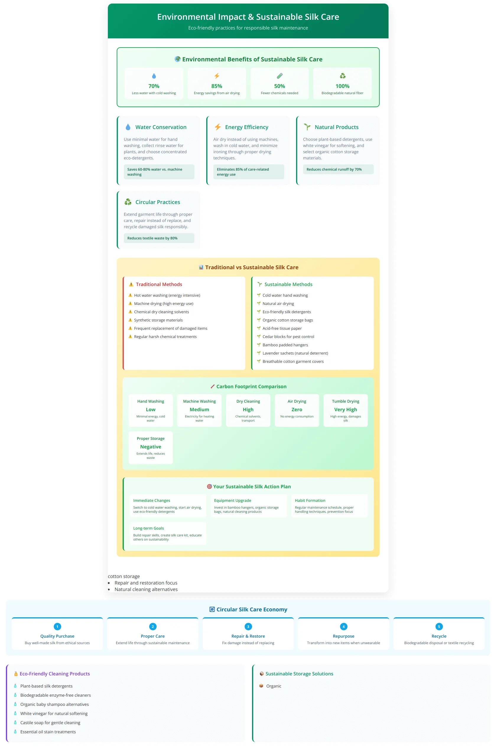 Comprehensive sustainable silk care guide showing environmental benefits, traditional versus sustainable methods, circular economy practices, and carbon footprint comparisons