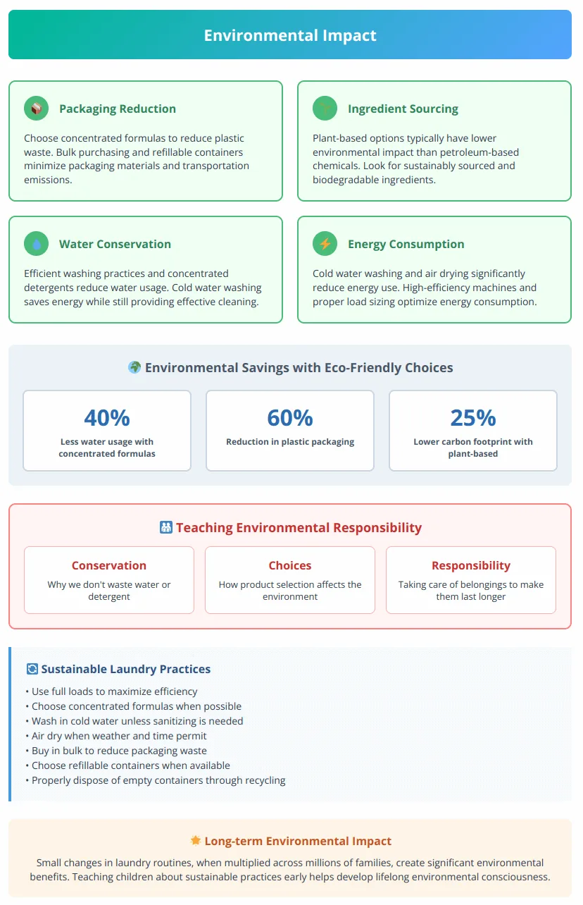 Environmental impact guide showing sustainable laundry practices and conservation statistics