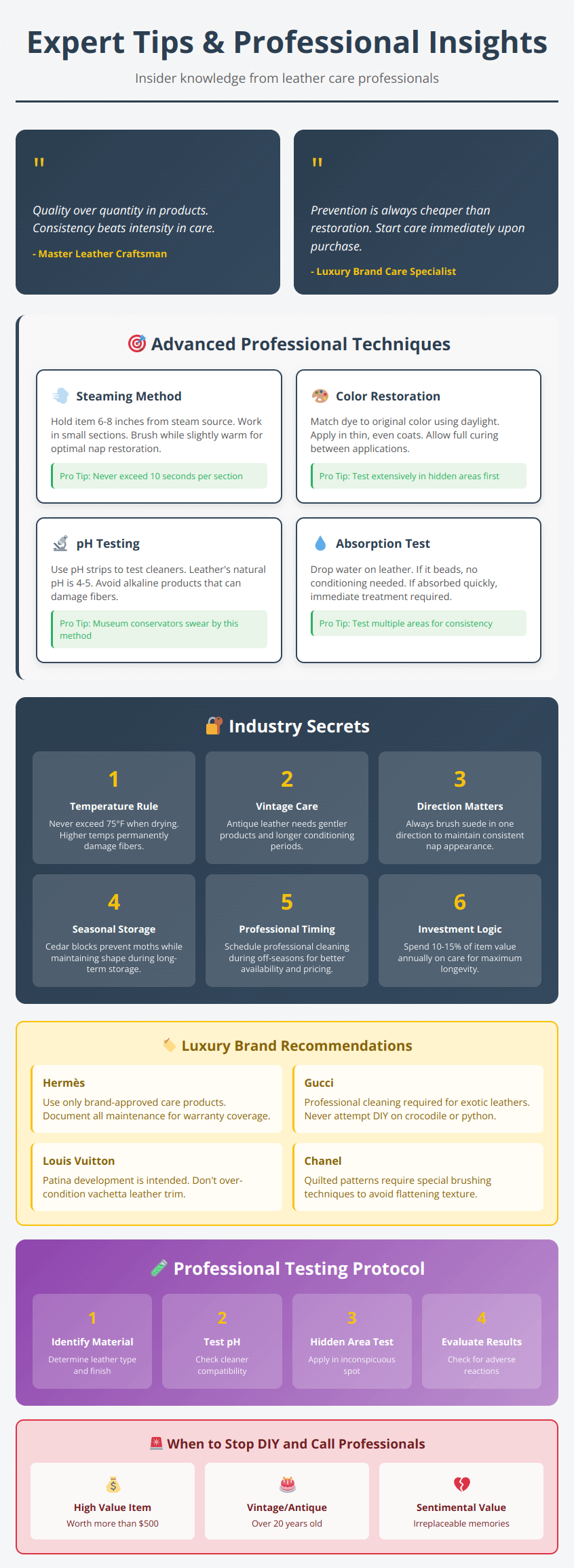 Expert tips infographic featuring professional quotes, advanced techniques, industry secrets, brand recommendations, and quality indicators