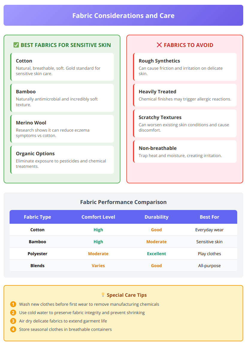 Fabric care guide showing recommended materials for sensitive skin and performance ratings