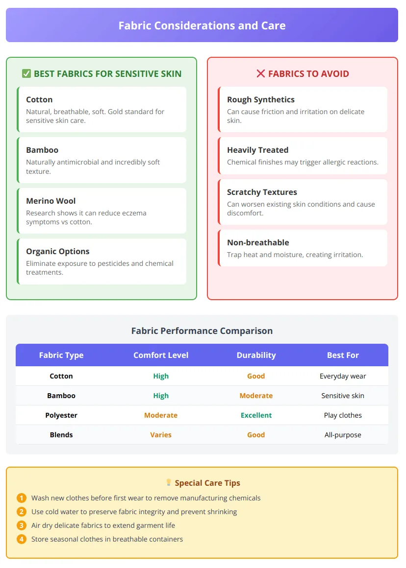 Fabric care guide showing recommended materials for sensitive skin and performance ratings