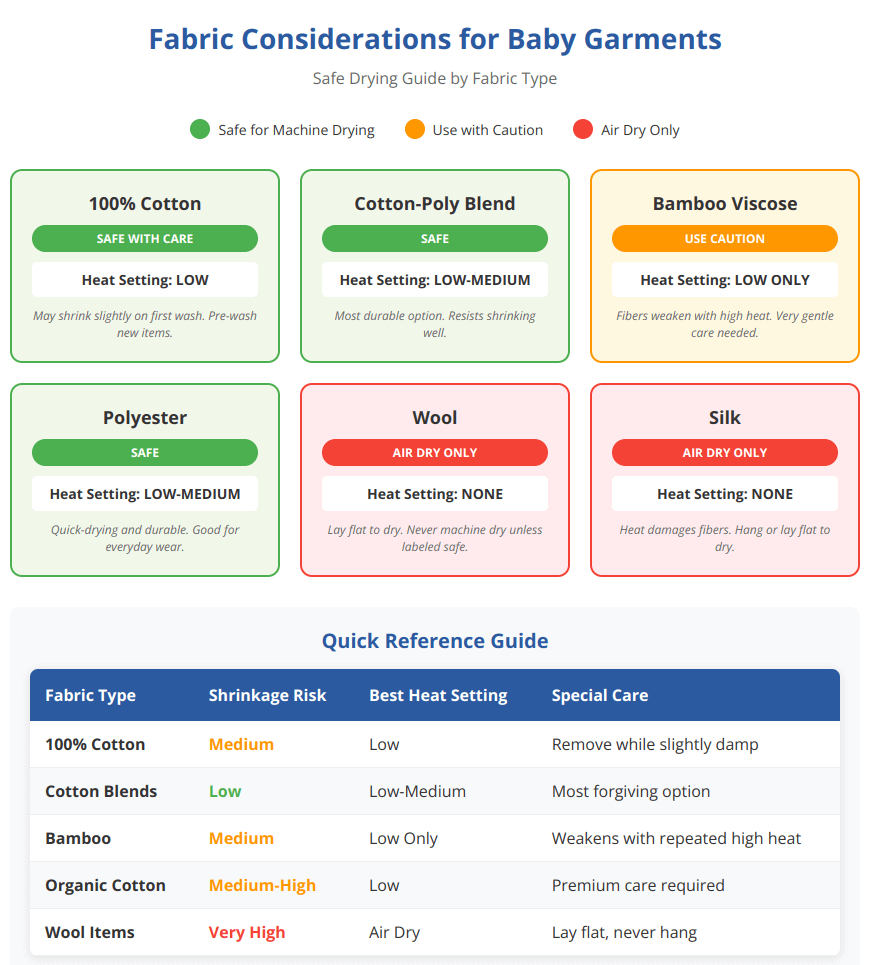 Fabric care guide showing which baby clothes can be tumble dried safely with heat settings and special care notes