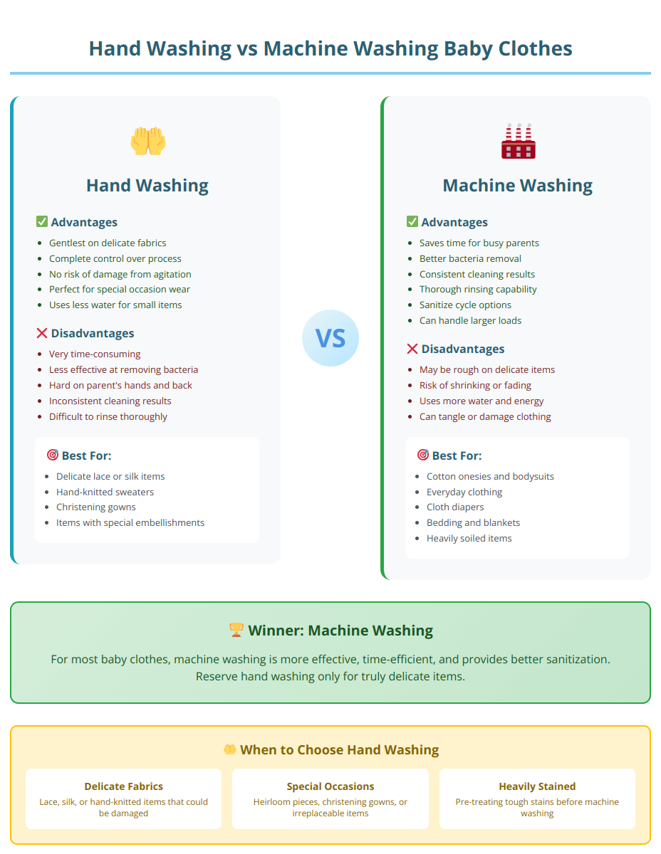Side-by-side comparison showing advantages, disadvantages, and best uses for hand washing versus machine washing baby clothes, with machine washing as the recommended winner