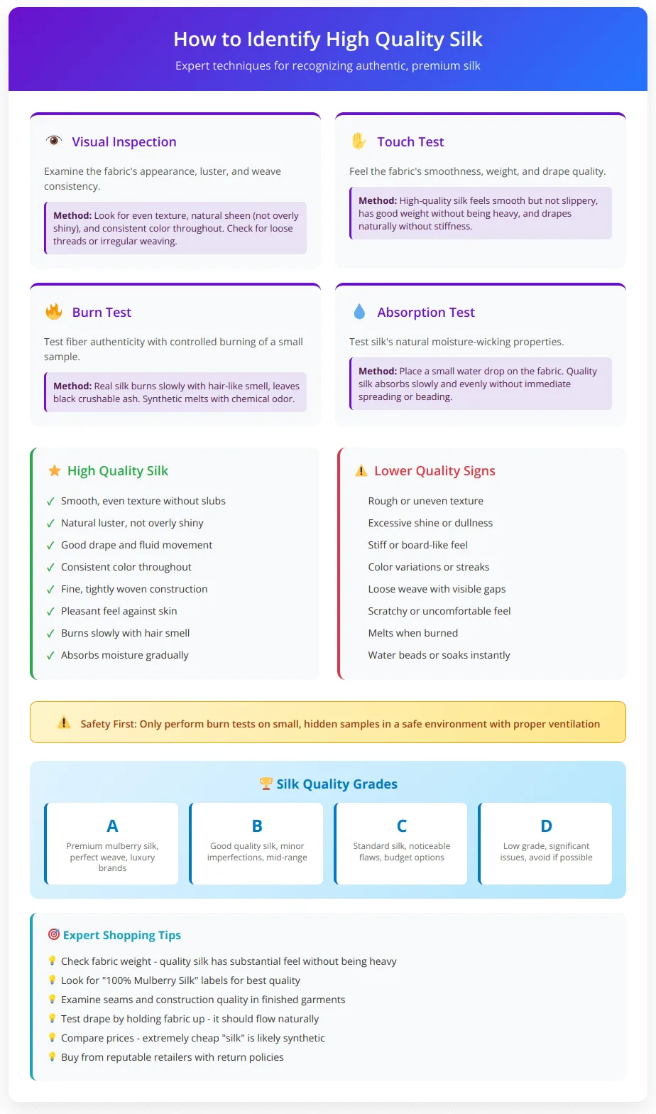 Comprehensive guide for identifying high-quality silk showing visual inspection, touch test, burn test, and absorption test methods, plus comparison between high and low quality silk characteristics