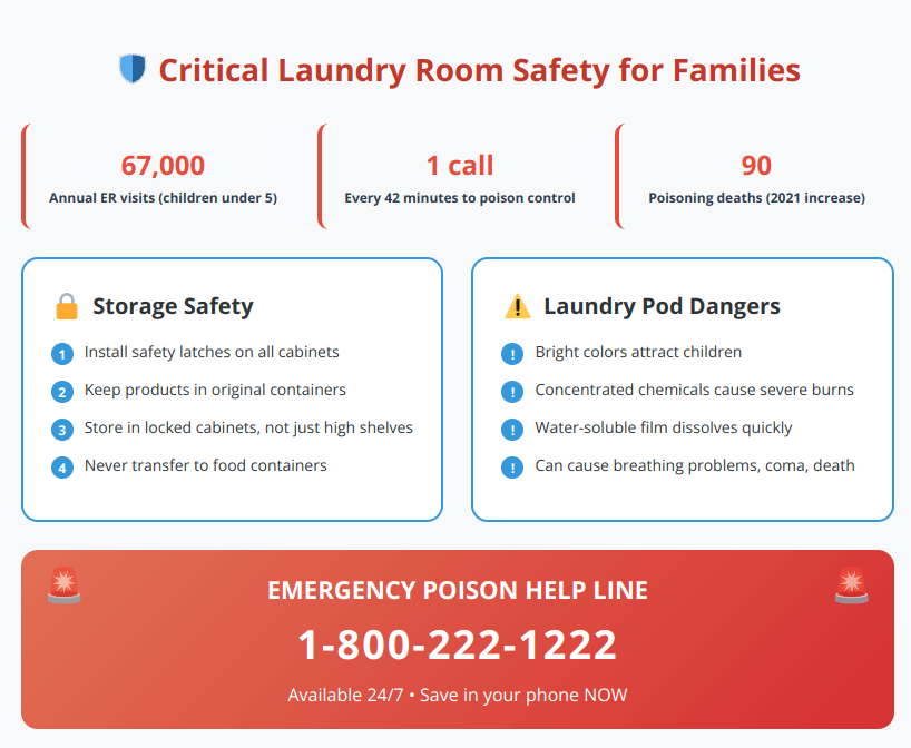 Infographic displaying laundry room safety statistics, storage guidelines, laundry pod dangers, and emergency poison control number 1-800-222-1222