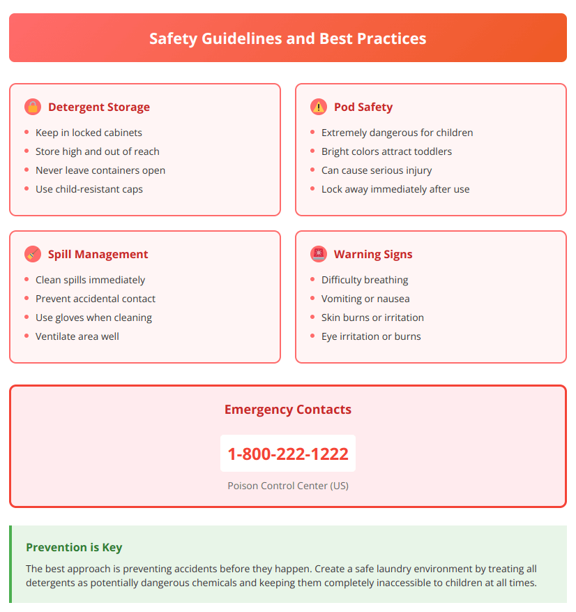 Safety guidelines infographic showing proper detergent storage and emergency procedures