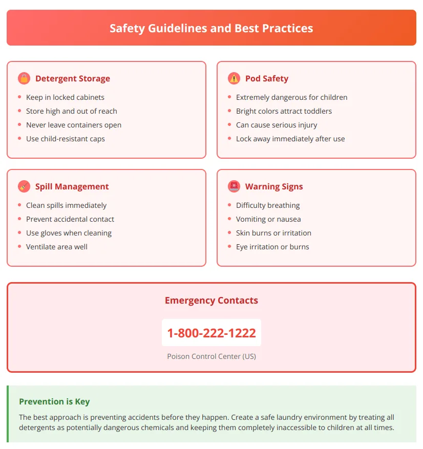 Safety guidelines infographic showing proper detergent storage and emergency procedures