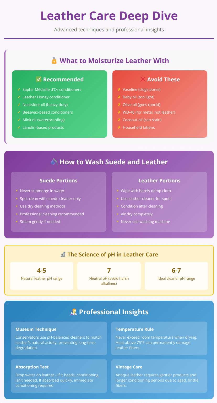 Deep dive infographic showing recommended vs. avoided moisturizers, washing techniques for mixed materials, pH science facts, and professional insights