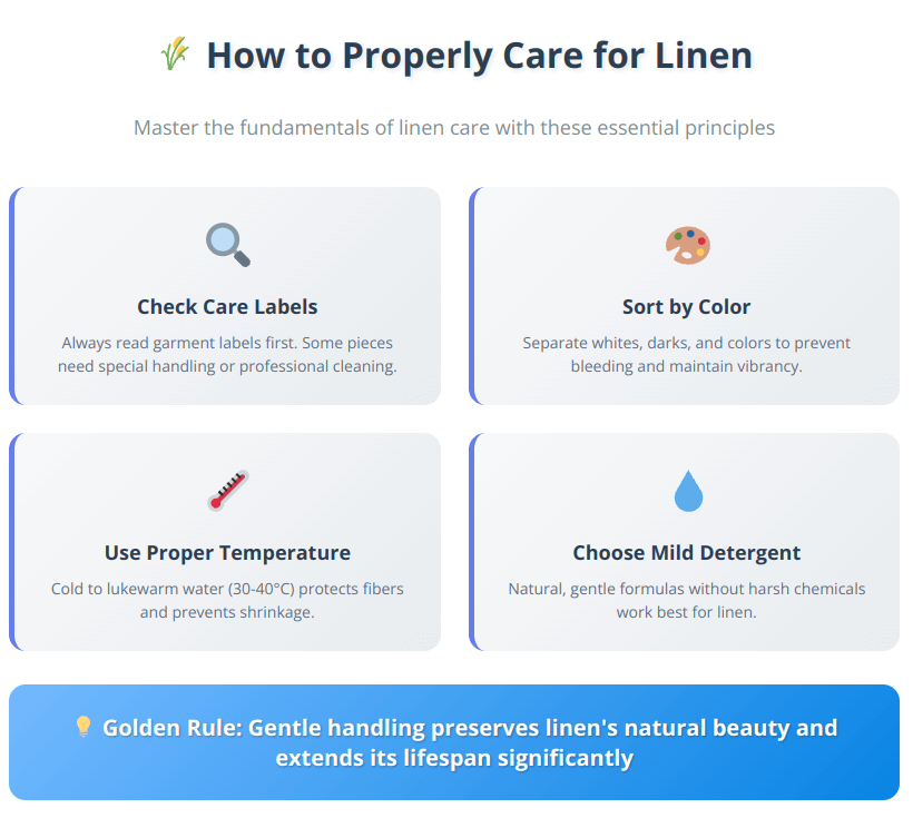 Infographic showing four key linen care fundamentals: checking care labels, sorting by color, using proper temperature, and choosing mild detergent