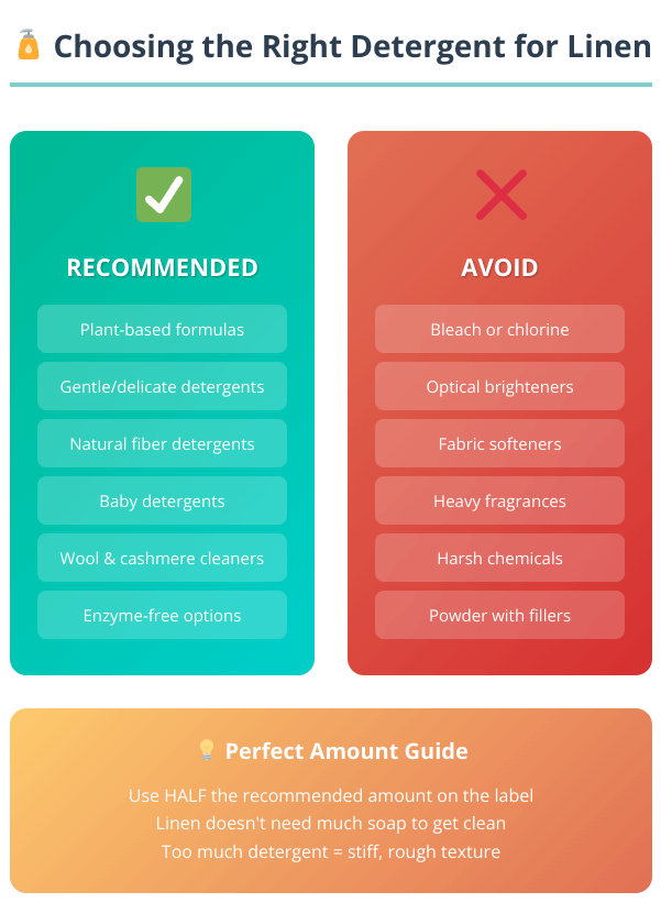 Comparison chart showing recommended detergents like plant-based and gentle formulas versus detergents to avoid like bleach and fabric softeners, with proper amount guidelines