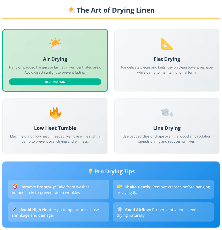 Visual guide showing four drying methods for linen: air drying (marked as best), flat drying, low heat tumble, and line drying, with professional tips for each method