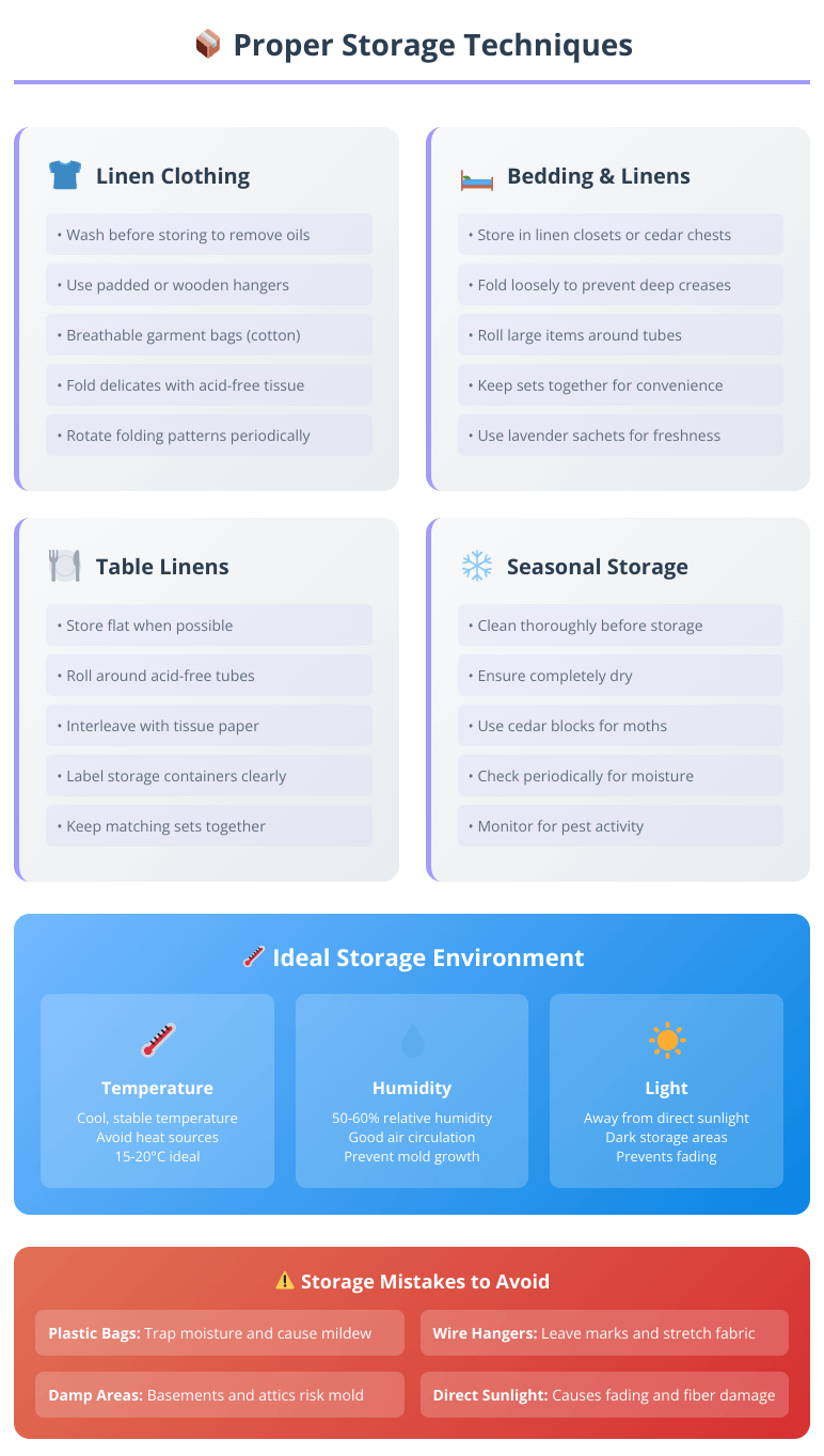 Storage methods for linen clothing, bedding, table linens, and seasonal items, plus ideal environmental conditions and common storage mistakes to avoid