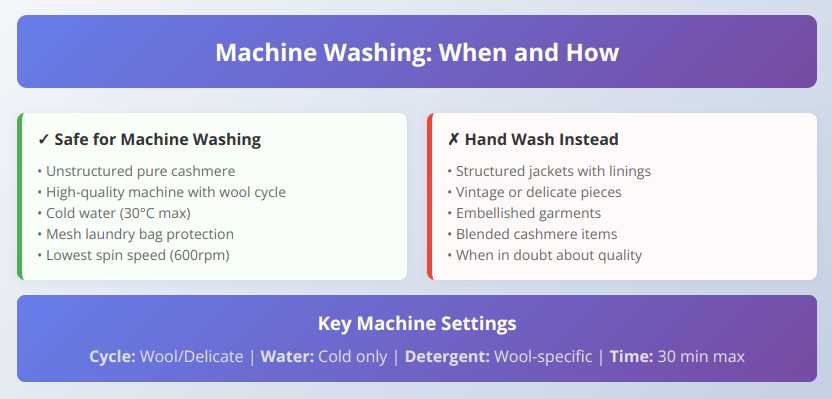 Comparison chart showing when cashmere can be machine washed versus when hand washing is required, plus safe machine settings