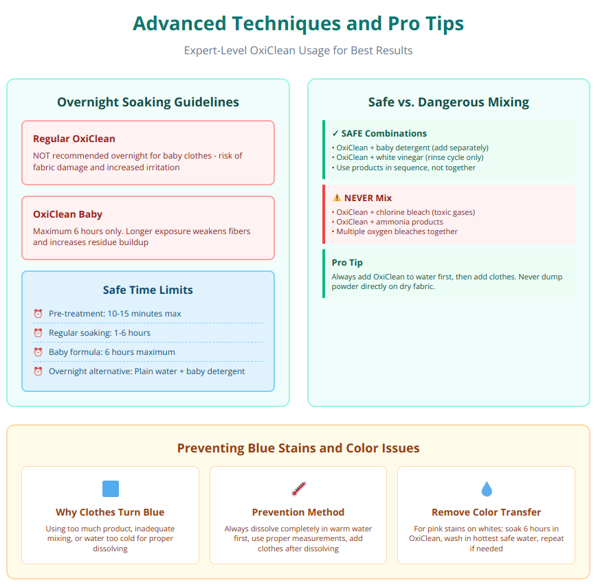 Professional tips for using OxiClean including heat setting methods, safe product combinations, and preventing blue stains
