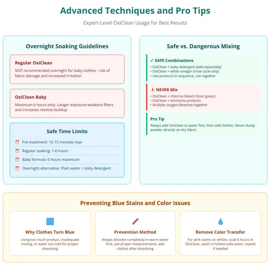 Professional tips for using OxiClean including heat setting methods, safe product combinations, and preventing blue stains