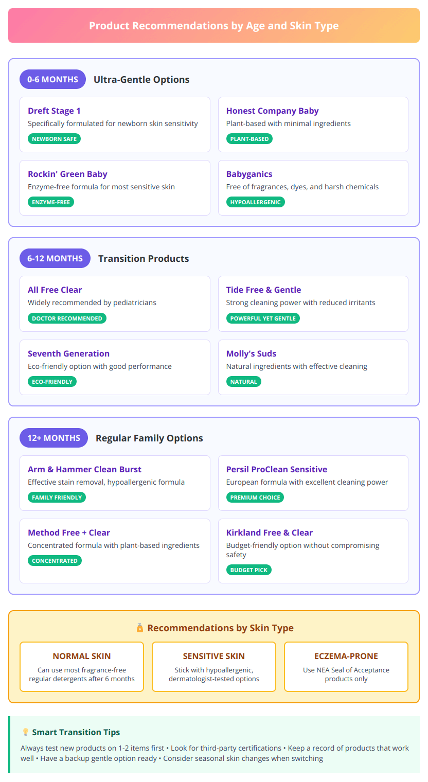 Product recommendation chart showing best detergent brands for different ages and skin types