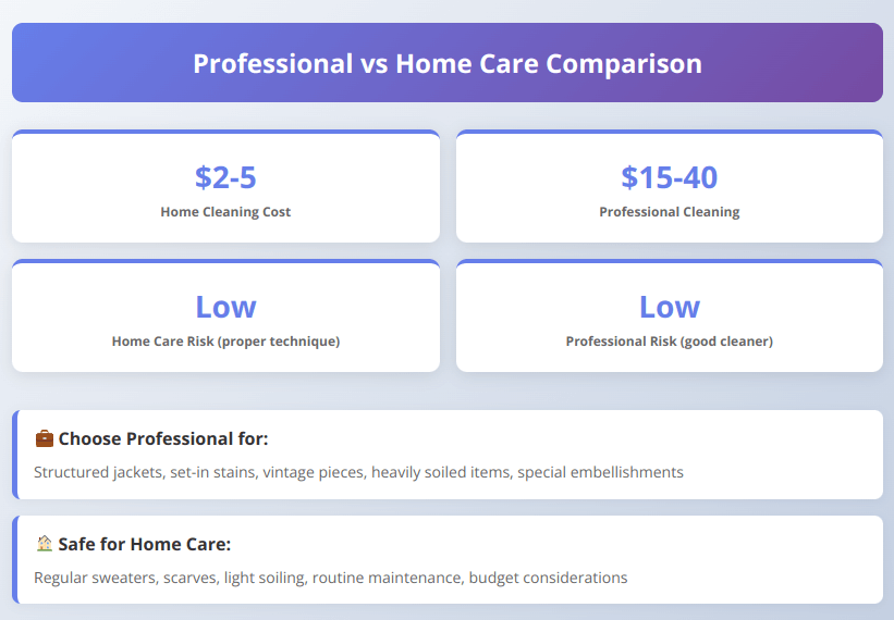 Comparison infographic showing costs, risks, and appropriate situations for professional dry cleaning versus home care of cashmere