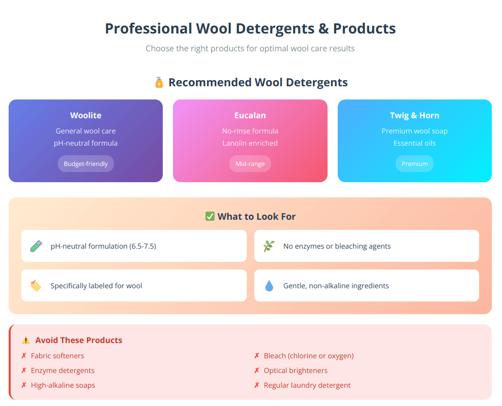 Professional wool care products infographic showing three recommended detergent brands (Woolite for general care, Eucalan for no-rinse washing, Twig & Horn for premium care), guidelines for pH-neutral formulations, and products to avoid including fabric softeners and bleach