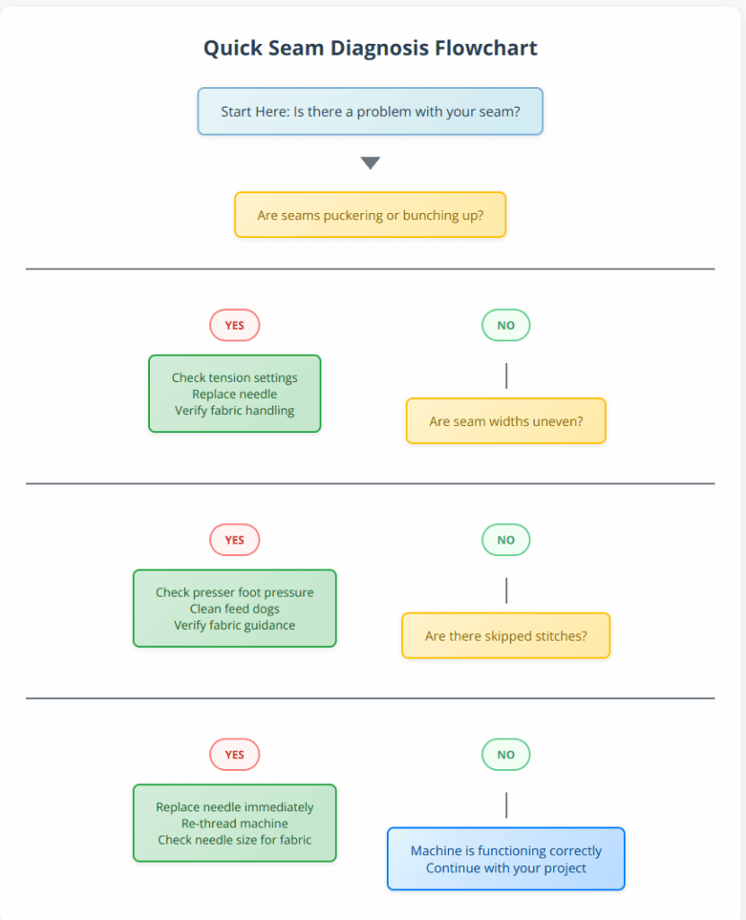 Seam troubleshooting flowchart showing diagnostic steps for puckering, uneven seams, and skipped stitches with yes/no decision paths