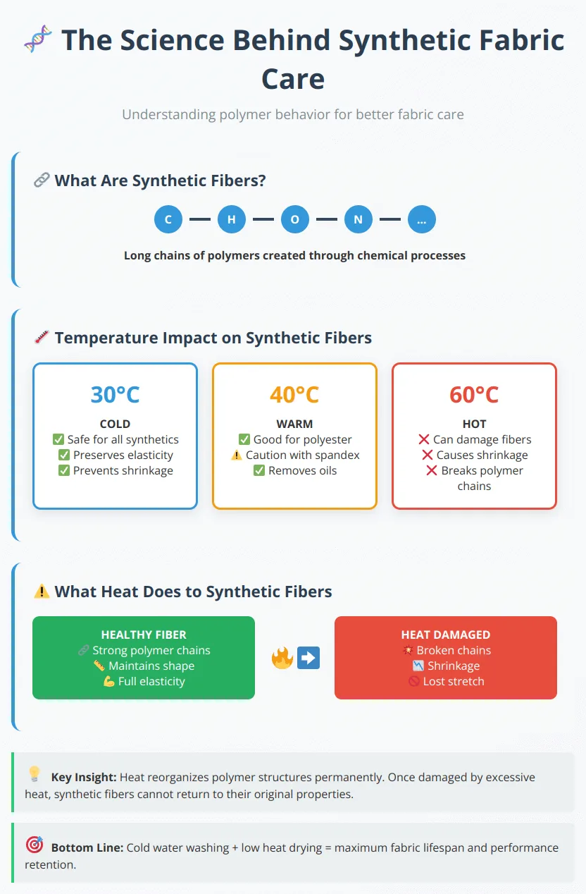 Infographic showing polymer chains, temperature effects, and heat damage progression in synthetic fabrics