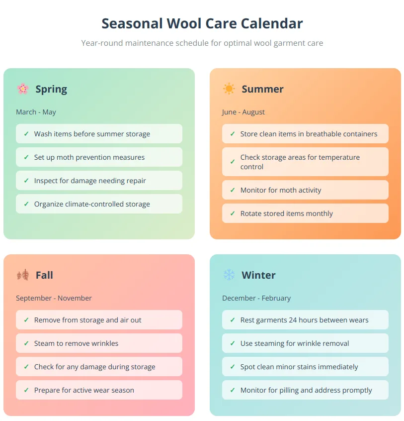 Infographic showing seasonal wool care calendar with spring preparation, summer storage, fall preparation, and winter maintenance tasks organized by season with specific monthly ranges and actionable care instructions