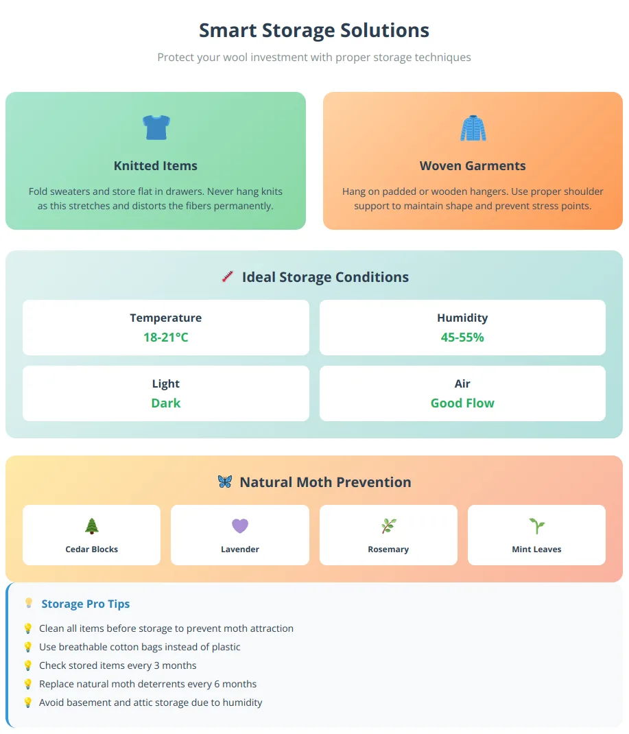 Smart wool storage solutions infographic showing proper folding for knits versus hanging for wovens, ideal storage conditions of 18-21°C temperature and 45-55% humidity, natural moth prevention using cedar blocks, lavender, rosemary and mint, plus storage pro tips