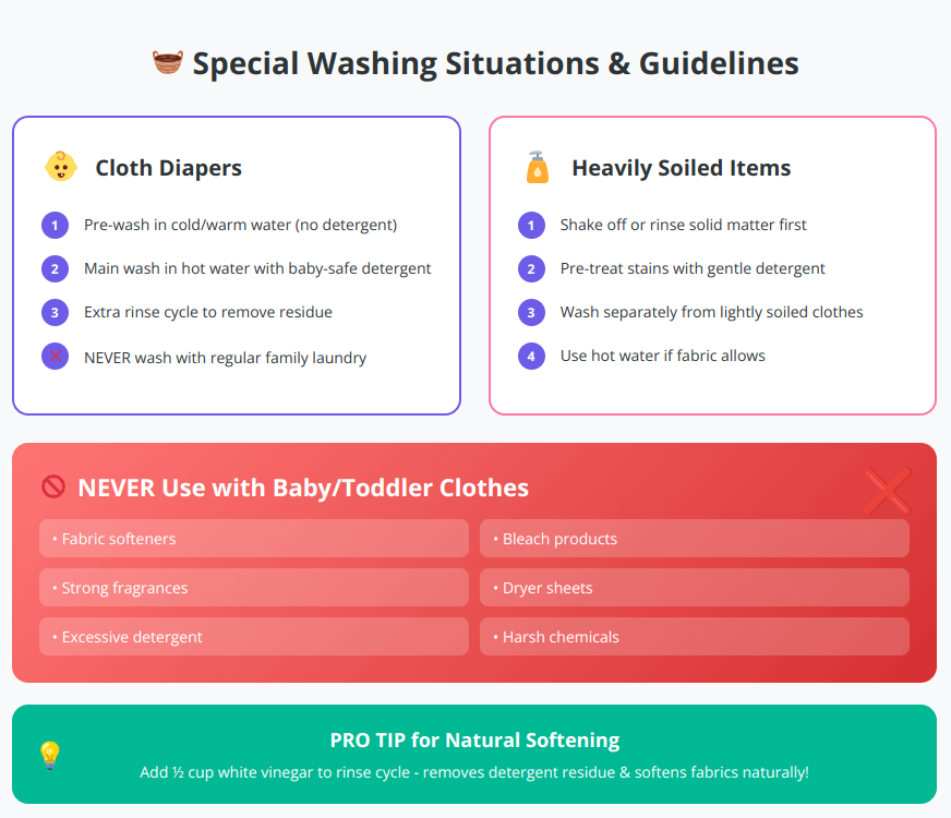 Infographic showing washing procedures for cloth diapers and heavily soiled toddler clothes, plus list of products to avoid with children's clothing